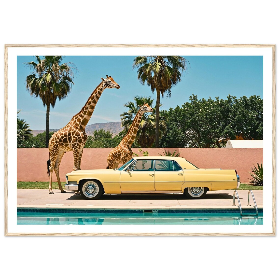 Giraffe By Pool Retro Poolside Art Print