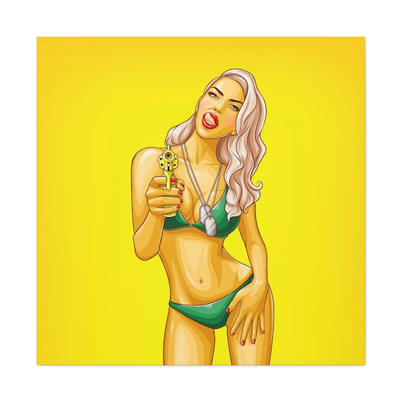 Pop Art Canvas Wall Gangster Girl With Gun Colorful Artwork For Bedroom Or Living Room Decor