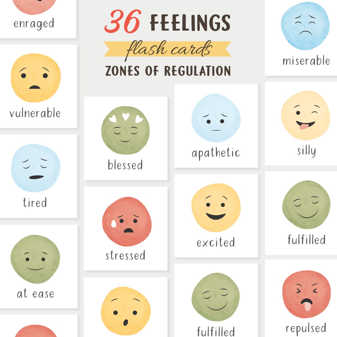 36 Feelings Flash Cards Zones Of Regulation Emotion Words Poster