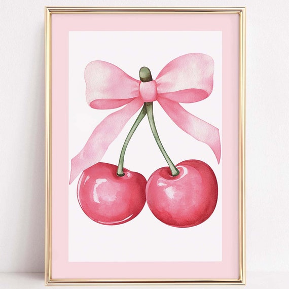 Trendy Coquette Home Decor Pink Cherries Wall Art Pink Cherry Bow Poster Pink Girly Preppy Wall Art