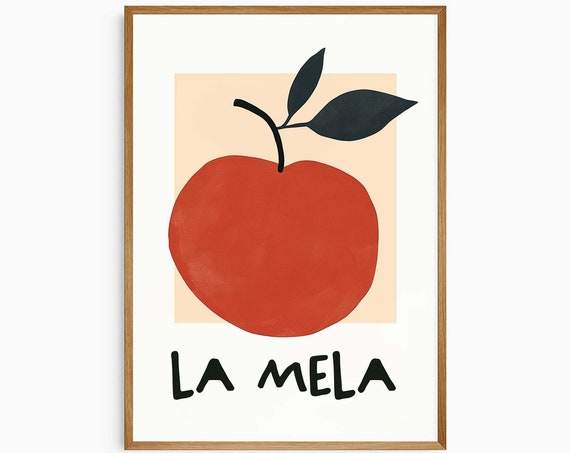 Unique Red Apple Wall Art Trendy Fruit Poster La Mela Retro Food Art Print Eclectic Kitchen Art Apple Poster