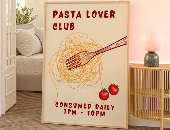 Pasta Lover Club Fork Spaghetti Retro Italian Kitchen Art Poster