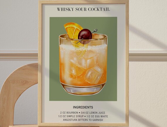 Whisky Sour Art Bar Cart Decor Cocktail Poster Party Signature Drink Sign Trendy Wall Minimalist Retro Green Preppy Dorm
