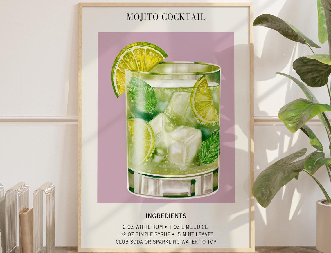 Mojito Cocktail Recipe Watercolor Mint Lime Classic Bar Cart Decor Poster