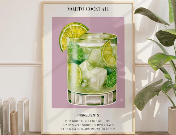 Mojito Cocktail Recipe Watercolor Mint Lime Classic Bar Cart Decor Poster