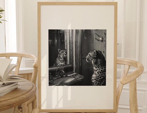 Black and White Cheetah at Bathroom Mirror Photography Poster