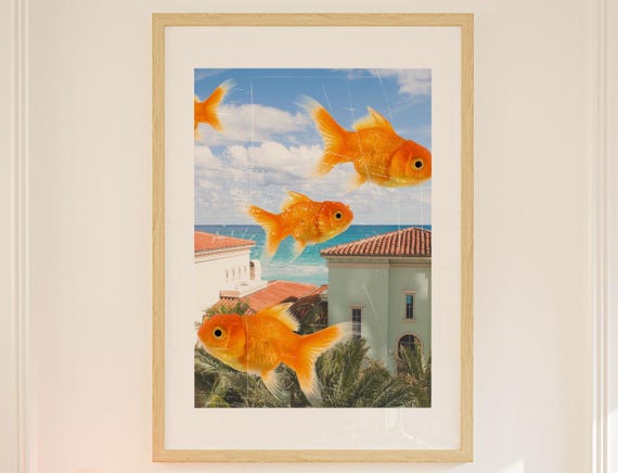 Fish Print Surreal Collage Wall Art Gold Poster Tropical Decor Modern Nautical Coastal Nursery