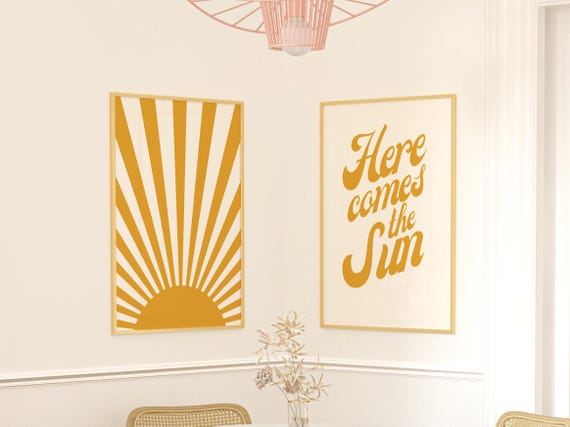Set Of Two Here Comes The Sun Baby Nursery Decor Shower Wall Art Retro Beatles Music Lyrics Typography Boho Sunshine