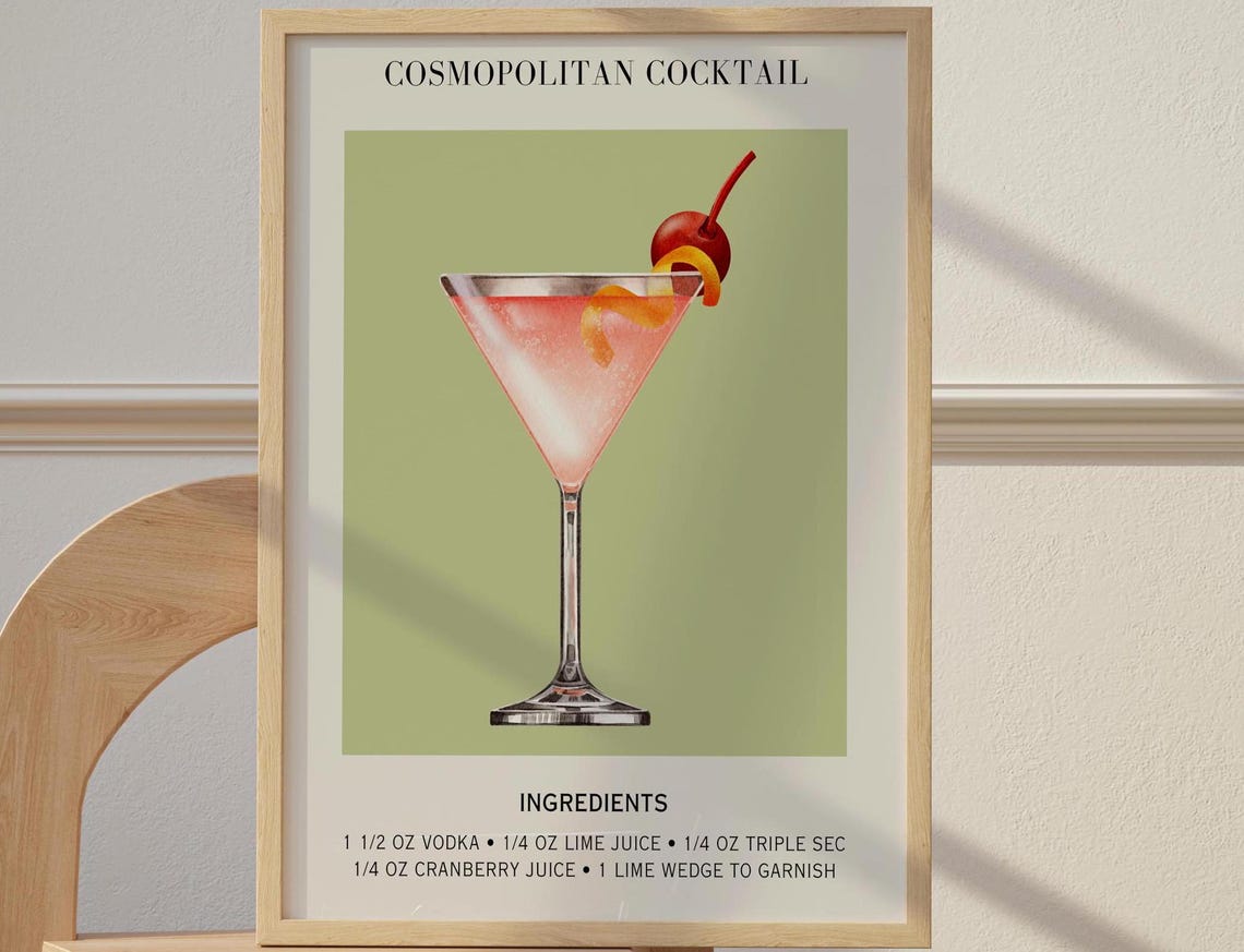 Cosmopolitan Cocktail Recipe Pink Martini Bar Cart Wall Poster