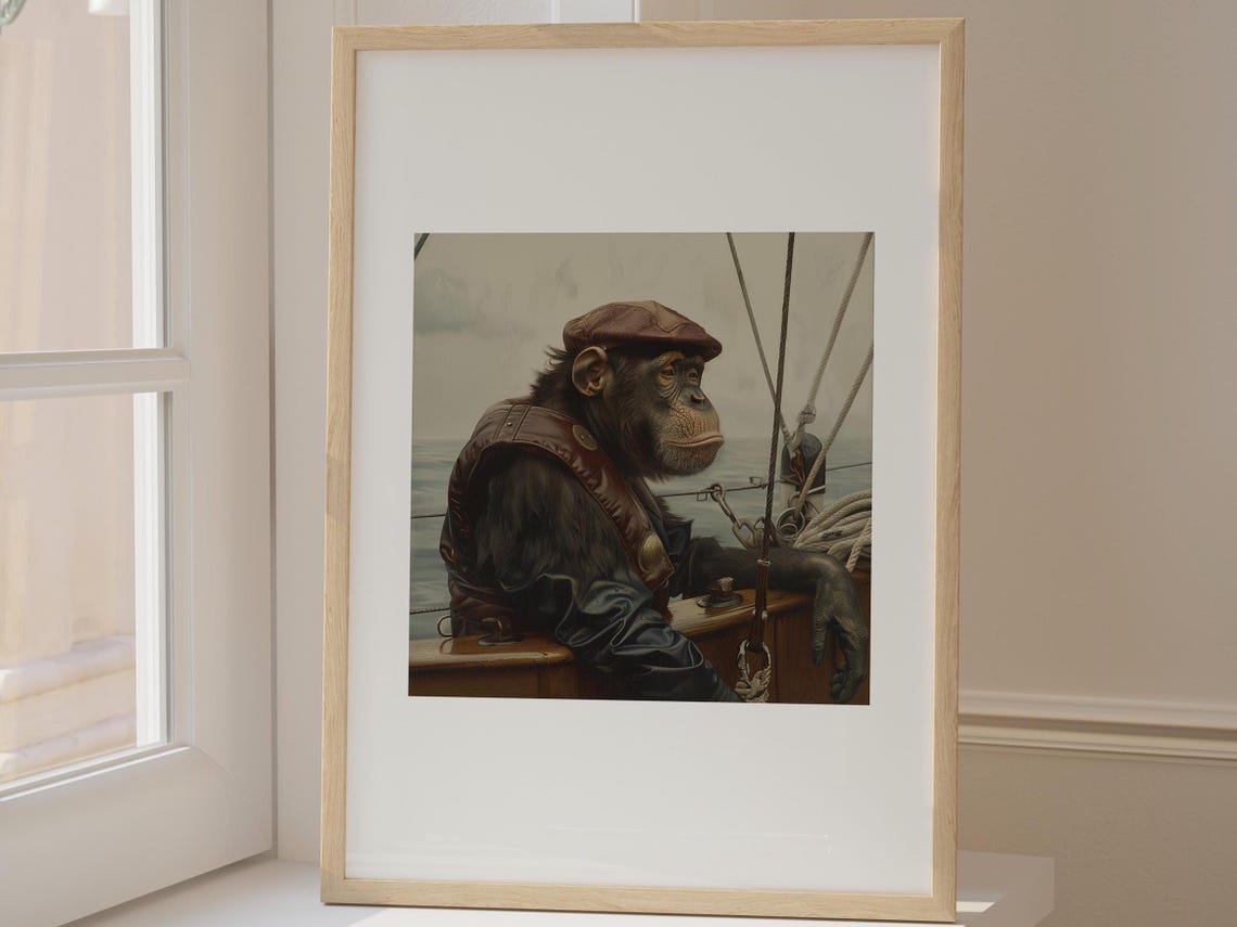Sailor Chimpanzee in Cap on Ship Deck Funny Animal Art Poster