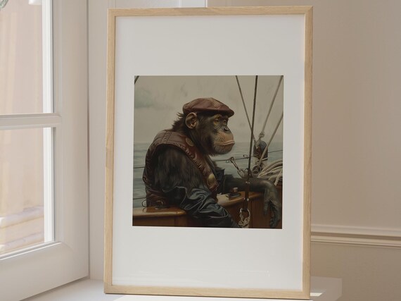 Nautical Chimpanzee Monkey On Toilet With Newspaper Victorian Funny Bathroom Print Animal In Boat Nursery Wall Art
