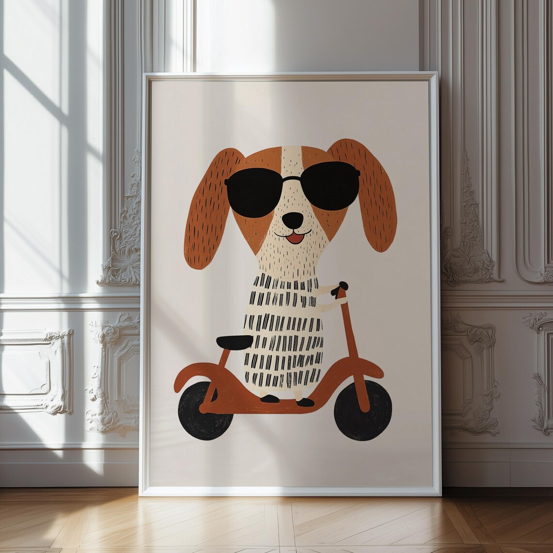 Cute Dog On Scooter With Black Sunglasses Kids Nursery Poster