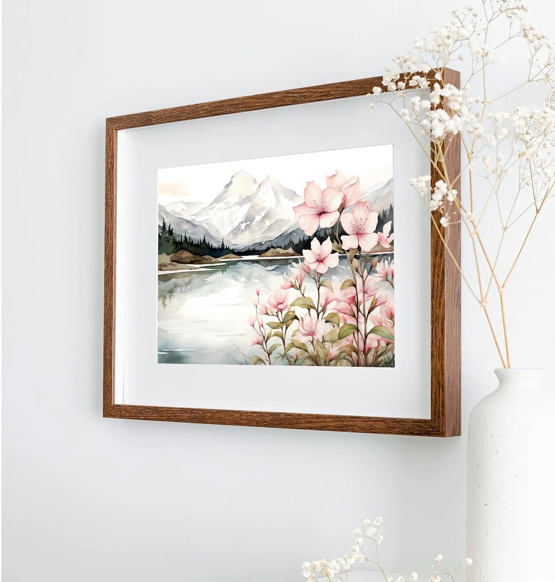 Snowcapped Mountain Lake Pink Blossom Branches Watercolor Poster - Image 2