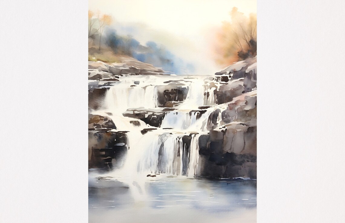 Layered Waterfall Cascades Over Rocks Misty Watercolor Poster