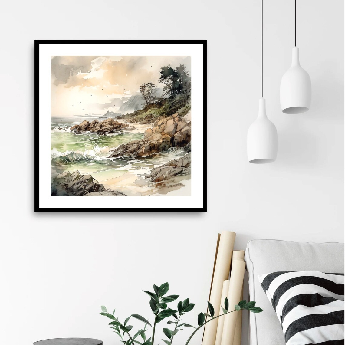 Rocky Ocean Coast Green Waves Crashing Watercolor Seascape Poster - Image 2