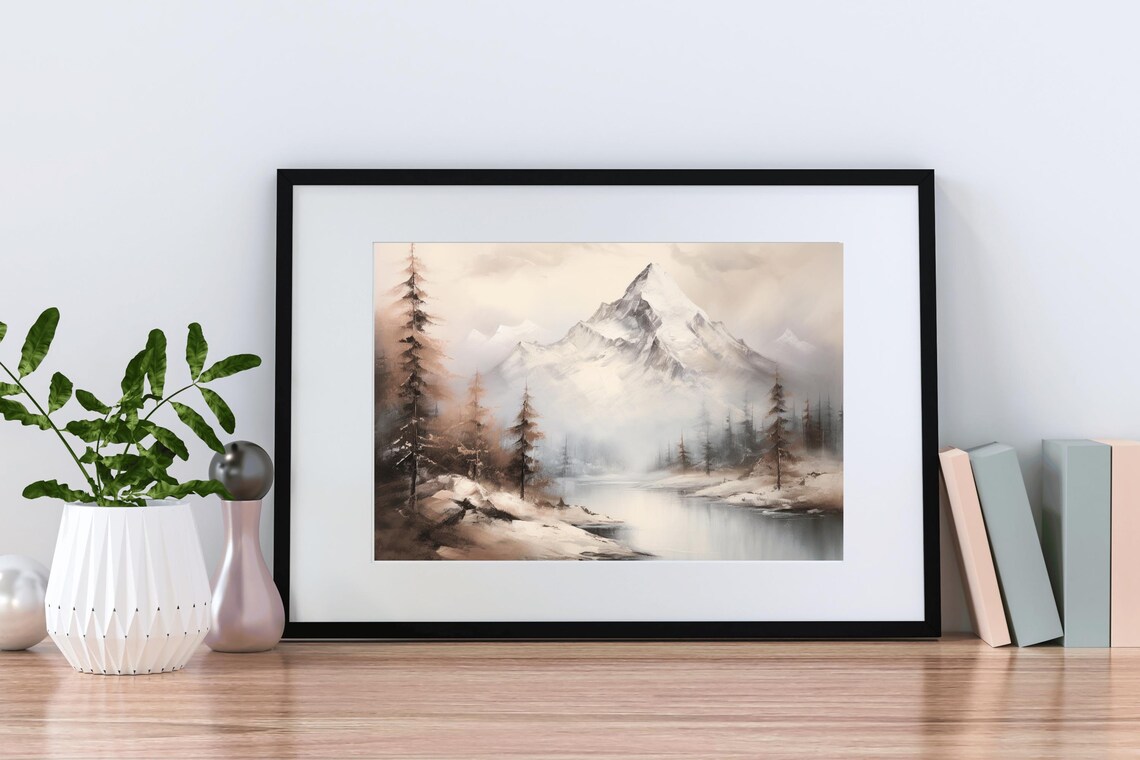 Snowcapped Peak Calm Lake Pines Vintage Sepia Oil Painting Print - Image 2