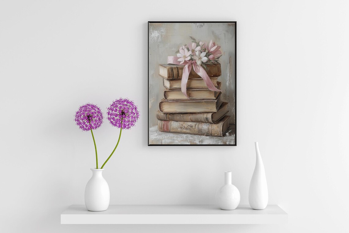 Stack Of Vintage Books With Pink Ribbon Floral Oil Painting Poster - Image 3