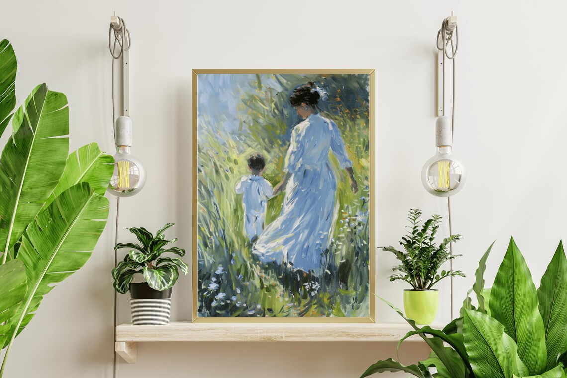 Mother And Child Strolling Through Sunny Meadow Vintage Art Poster - Image 4