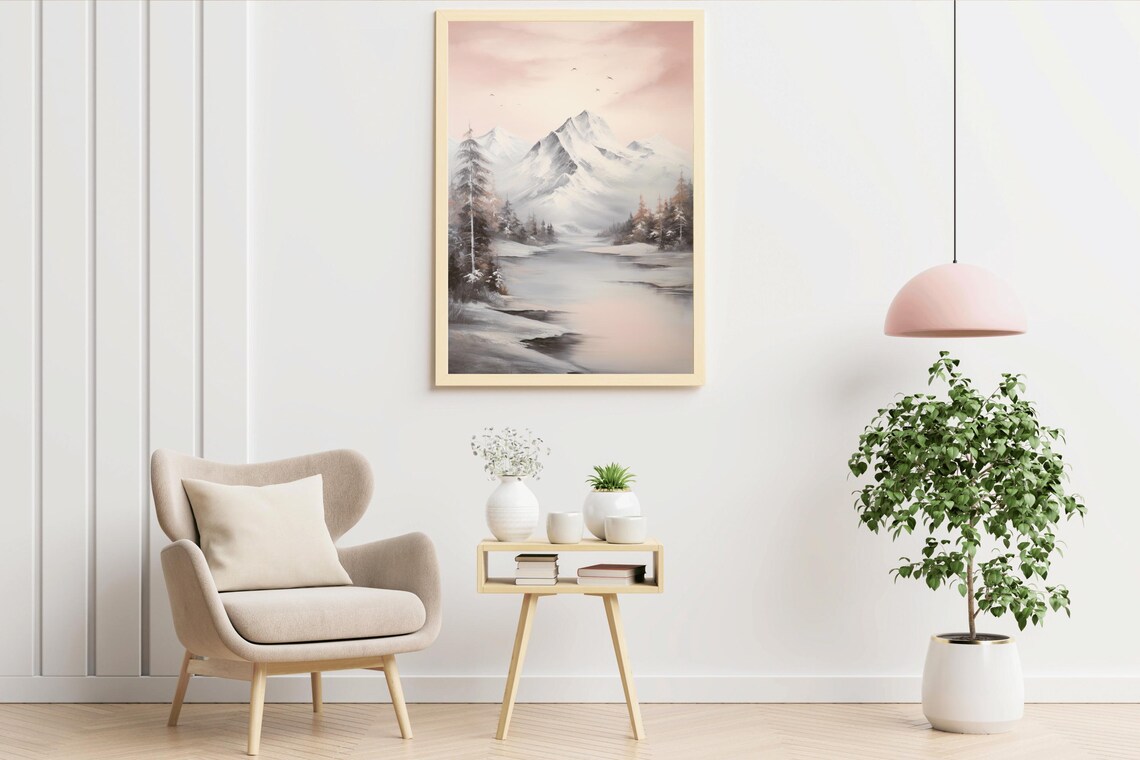 Snowcapped Mountain Pink Sky Still Lake Vintage Oil Painting Poster - Image 3