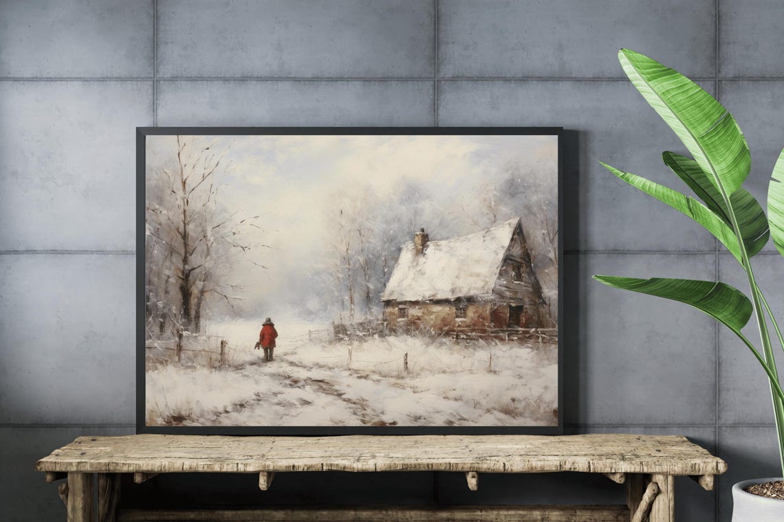 Snowy Cottage Red Coat Figure Falling Snow Vintage Winter Painting - Image 4