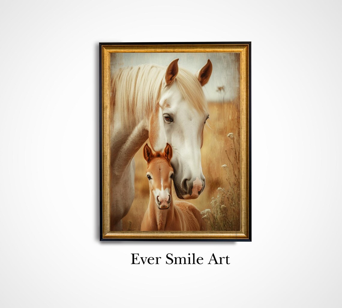White Mare And Foal In Golden Field Vintage Horse Art Portrait Poster