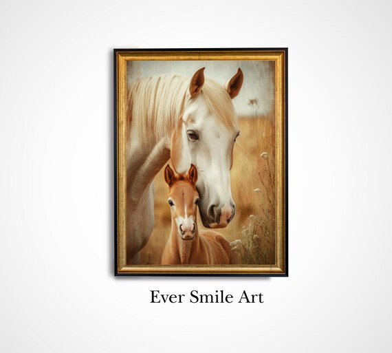 White Mare And Foal In Golden Field Vintage Horse Art Portrait Poster