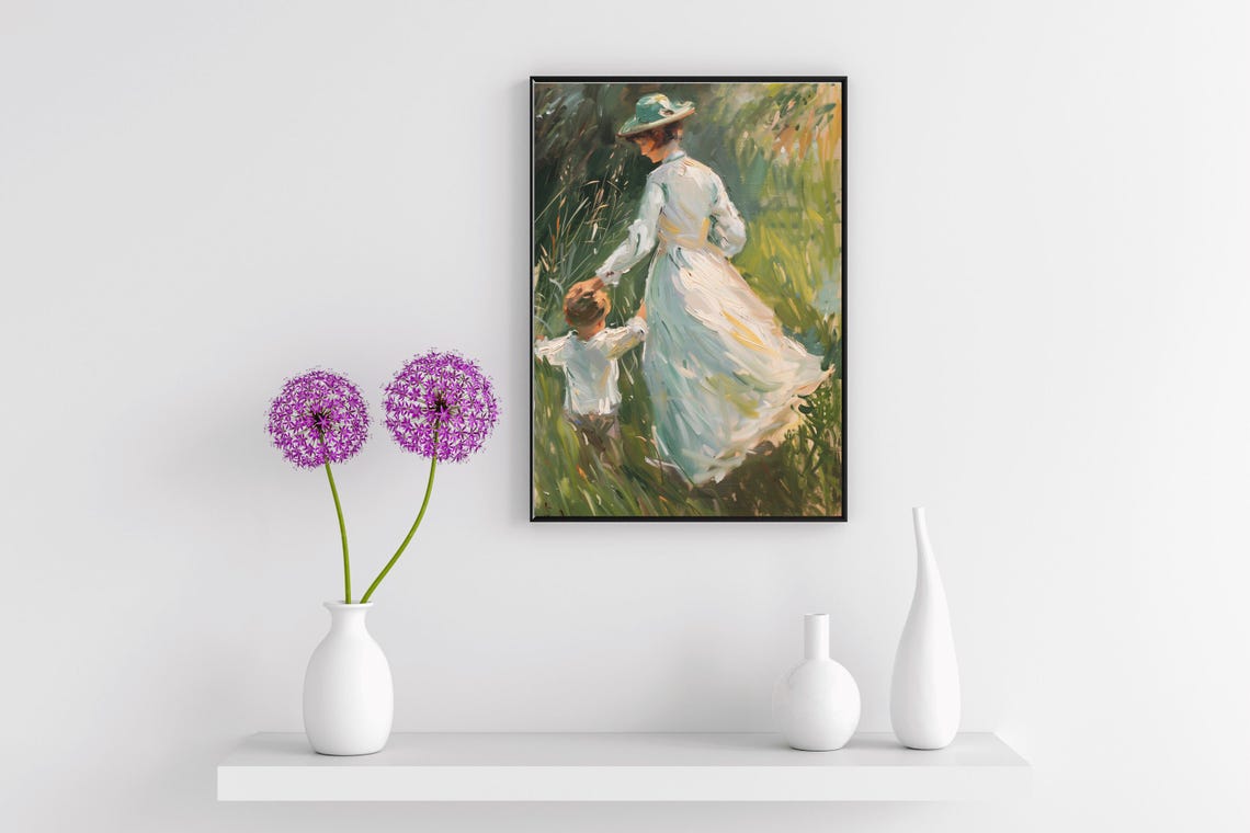 Mother And Child In Tall Meadow Grass Impressionist Art Wall Poster - Image 3