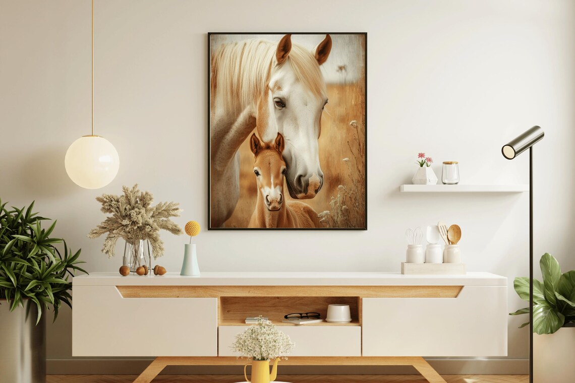 White Mare And Foal In Golden Field Vintage Horse Art Portrait Poster - Image 5