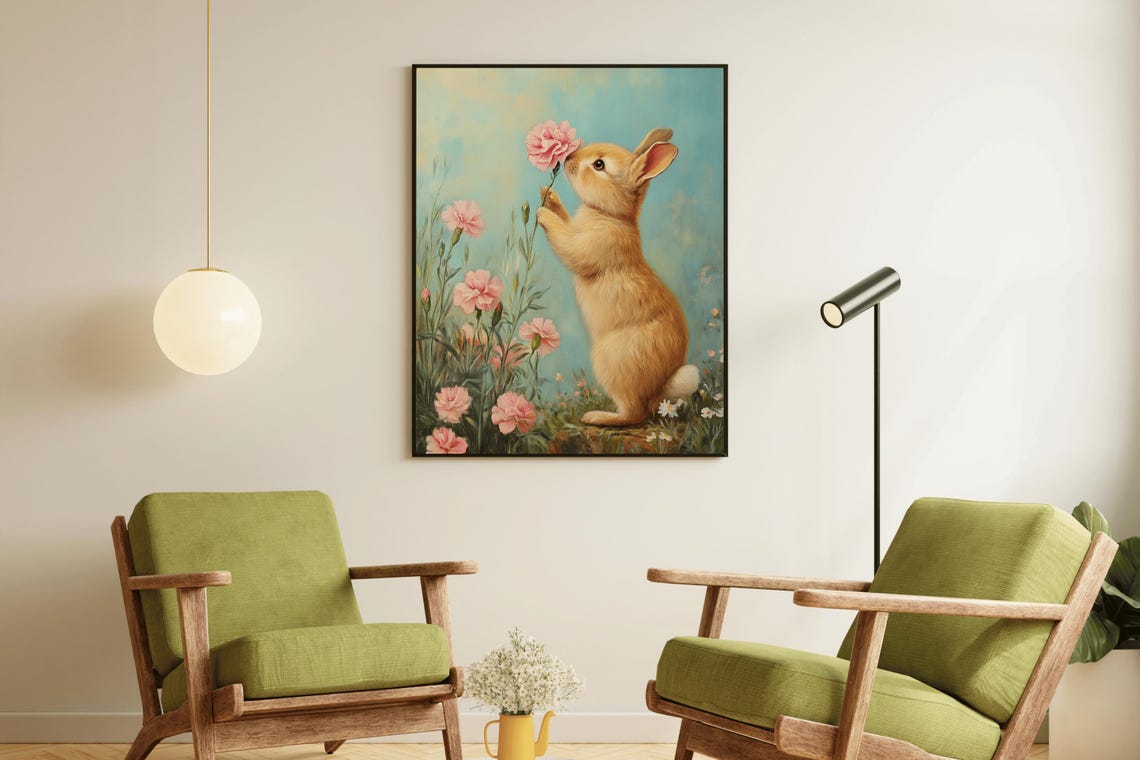 Bunny Smelling Pink Carnation Whimsical Vintage Rabbit Art Poster - Image 2
