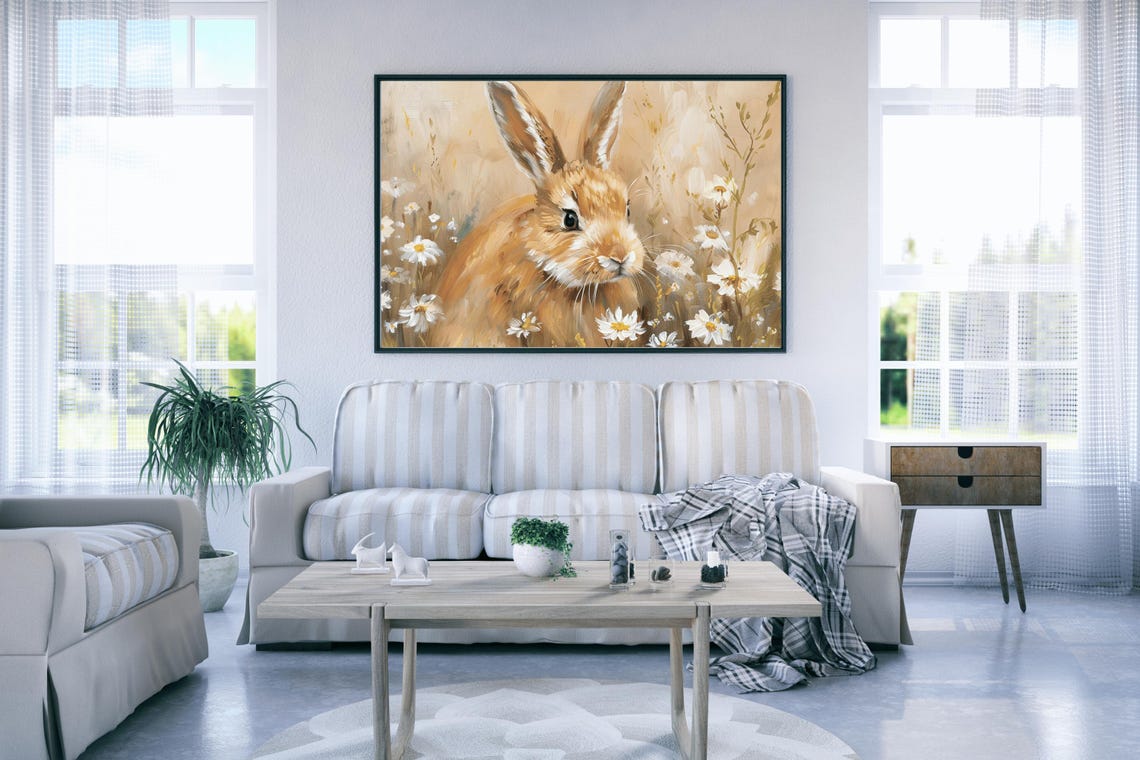 Brown Bunny In Daisy Field Soft Vintage Wildflower Rabbit Art Poster - Image 5