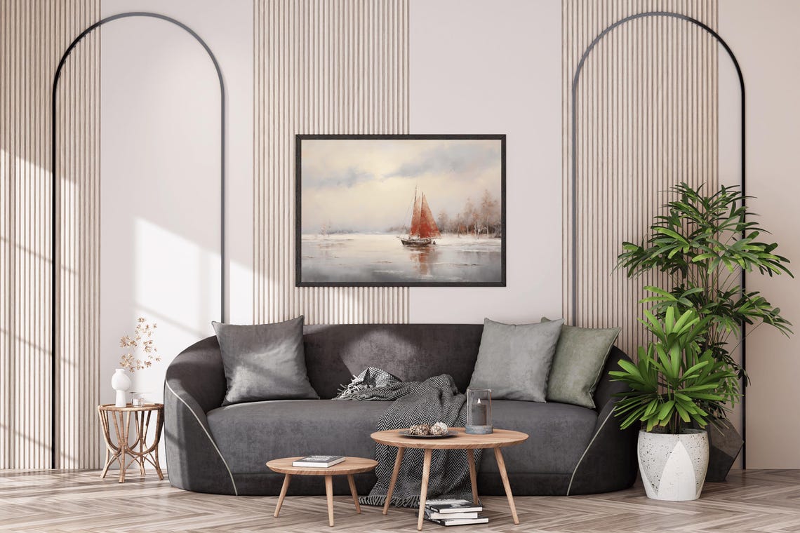 Red Sails Sailboat Calm Silver Waters Vintage Nautical Oil Painting - Image 3