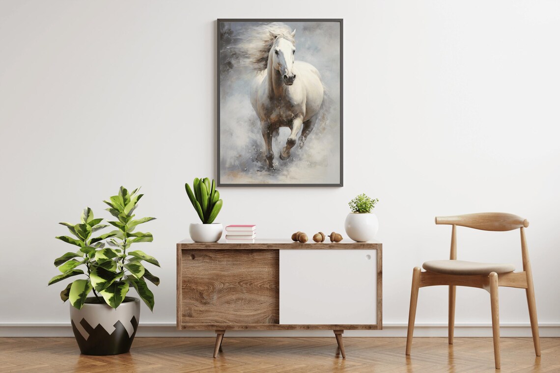 White Horse Galloping Through Mist Majestic Equine Oil Painting Print - Image 3