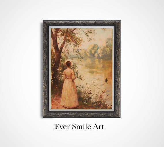 Vintage Painting Woman By The River 19th Century Wall Art Large Home Decor Gift Art Lovers History Enthusiasts