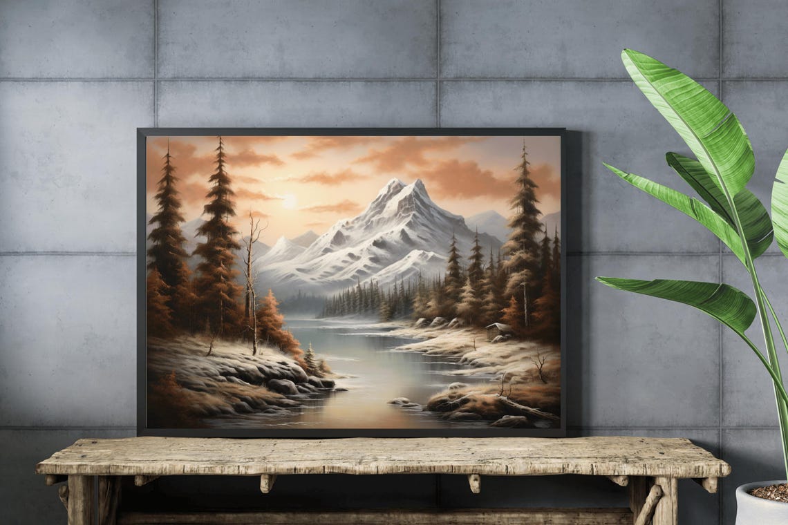 Snowcapped Peak Autumn Pines Sunset River Vintage Oil Painting Print - Image 4