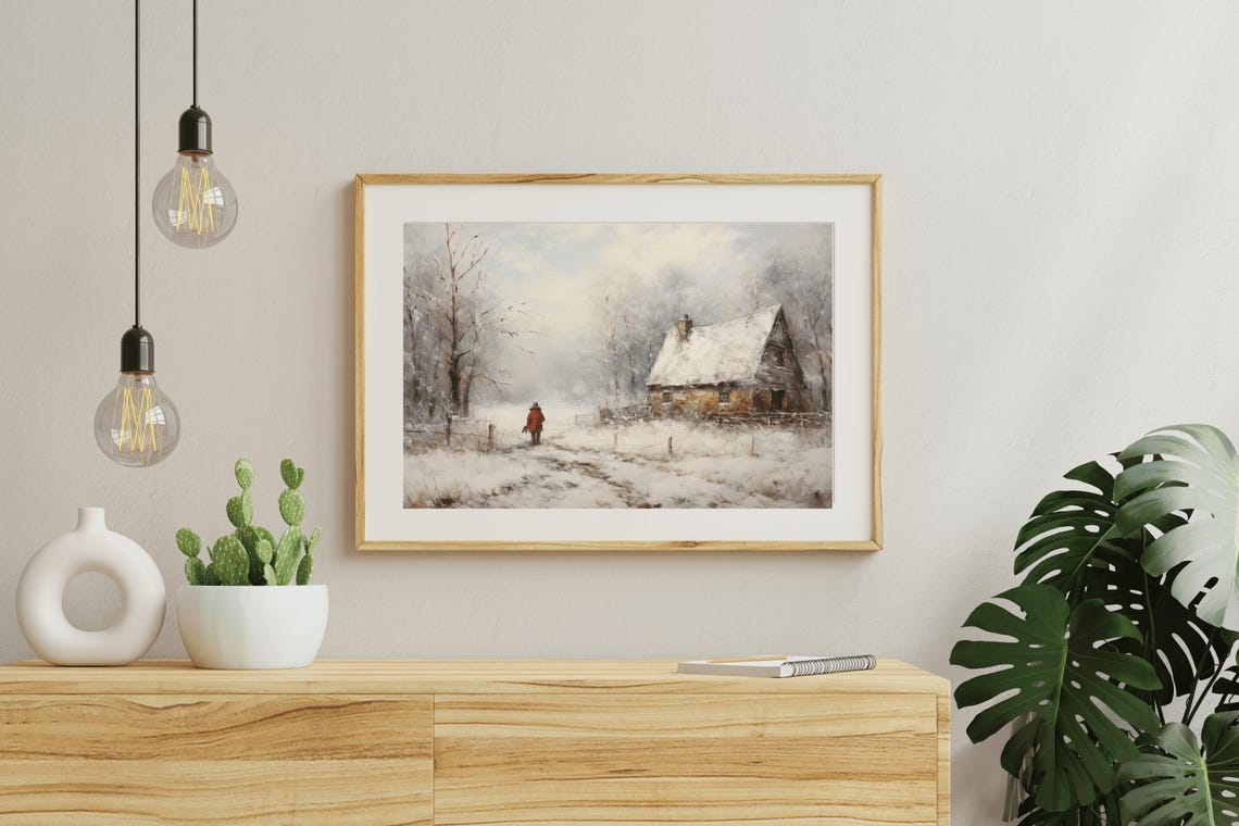 Snowy Cottage Red Coat Figure Falling Snow Vintage Winter Painting - Image 5