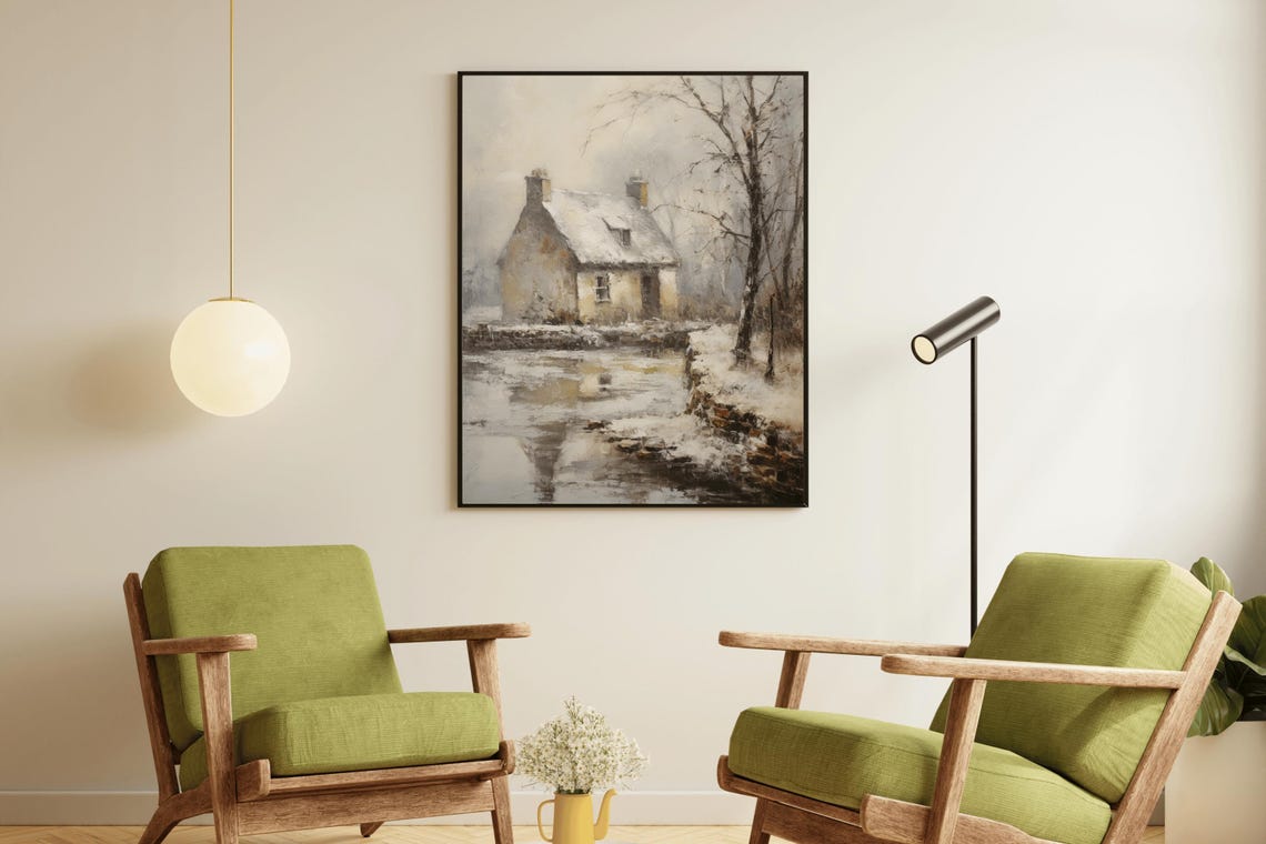 Stone Cottage By Winter Pond Reflection Vintage Oil Painting Print - Image 2