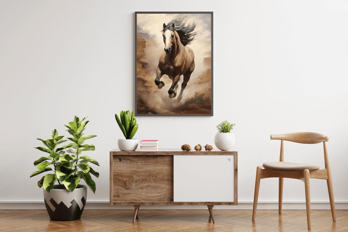 Golden Horse Galloping Sunlit Canyon Dynamic Equine Oil Painting - Image 3