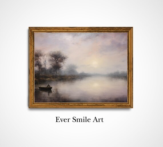 Lone Rower Misty River Dusk Vintage Oil Painting Boat Wall Art