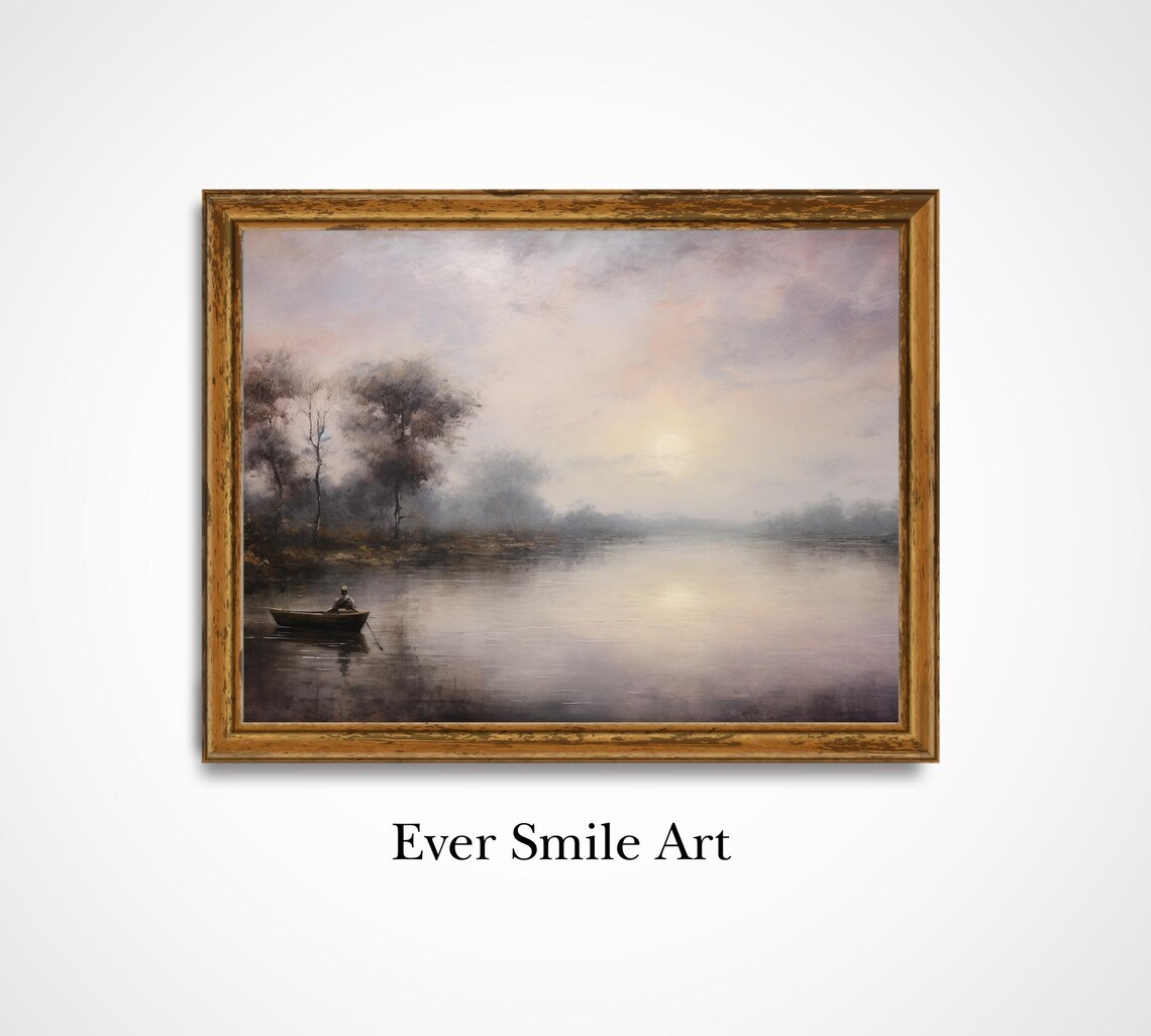 Lone Rower Misty River Dusk Vintage Oil Painting Boat Wall Art