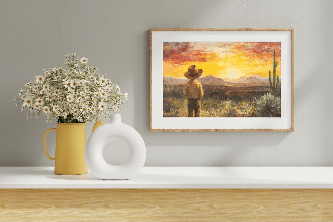 Little Cowboy At Desert Sunset With Saguaro Cactus Western Art Poster - Image 5