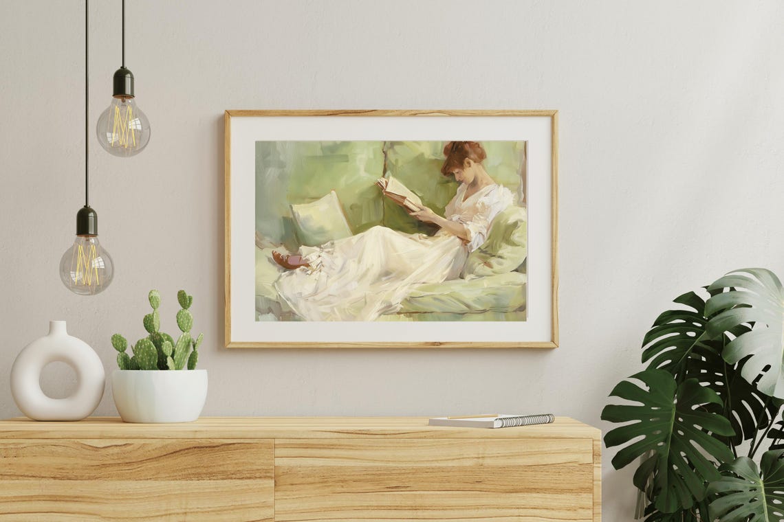 Woman Reading Book On Chaise Vintage Light Academia Wall Art Poster - Image 5