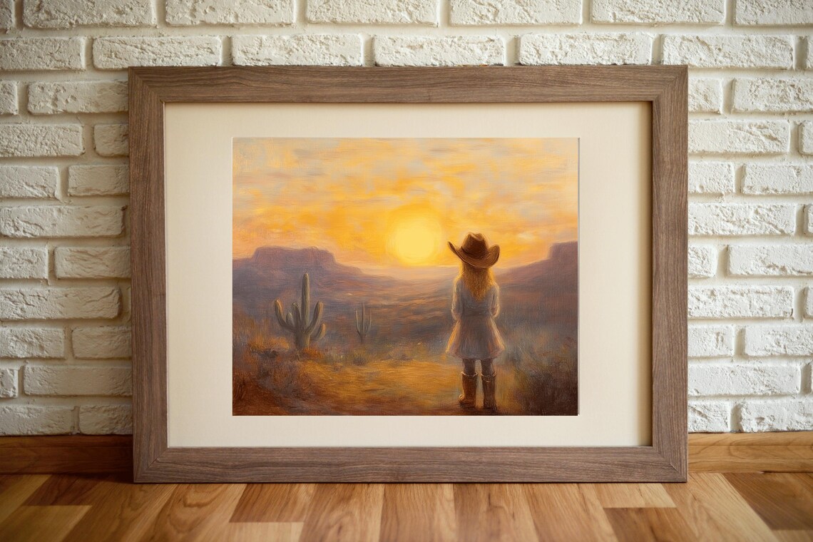 Little Cowgirl Golden Desert Sunset Dreamy Western Nursery Art Print - Image 4