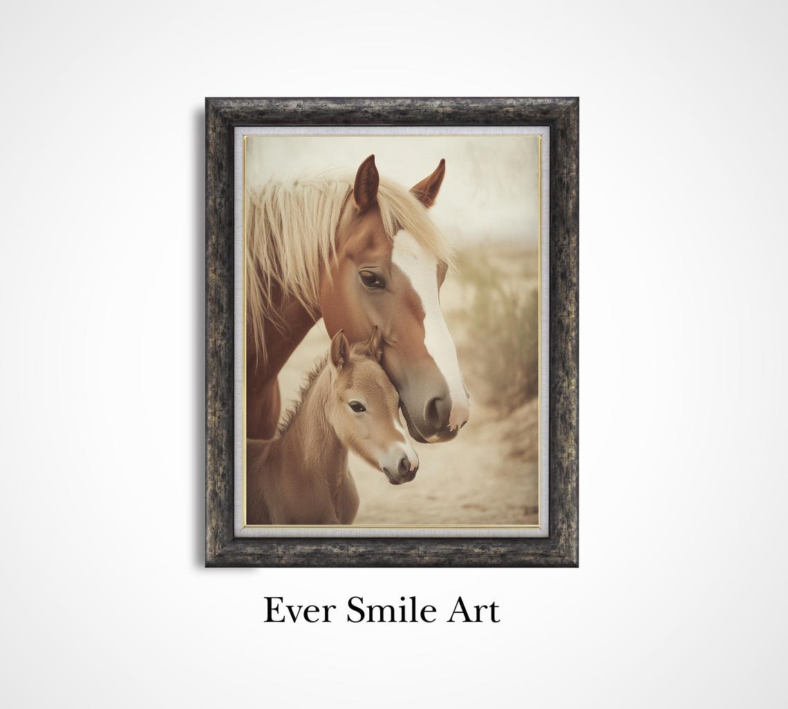Mare And Foal Tender Horse Portrait Vintage Rustic Wall Art Poster