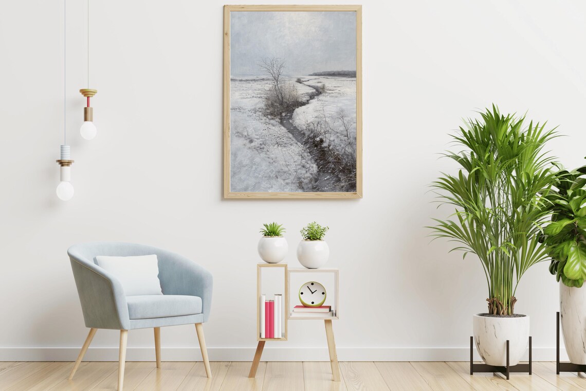 Snowy Field Winding Stream Minimalist Winter Vintage Oil Painting - Image 4