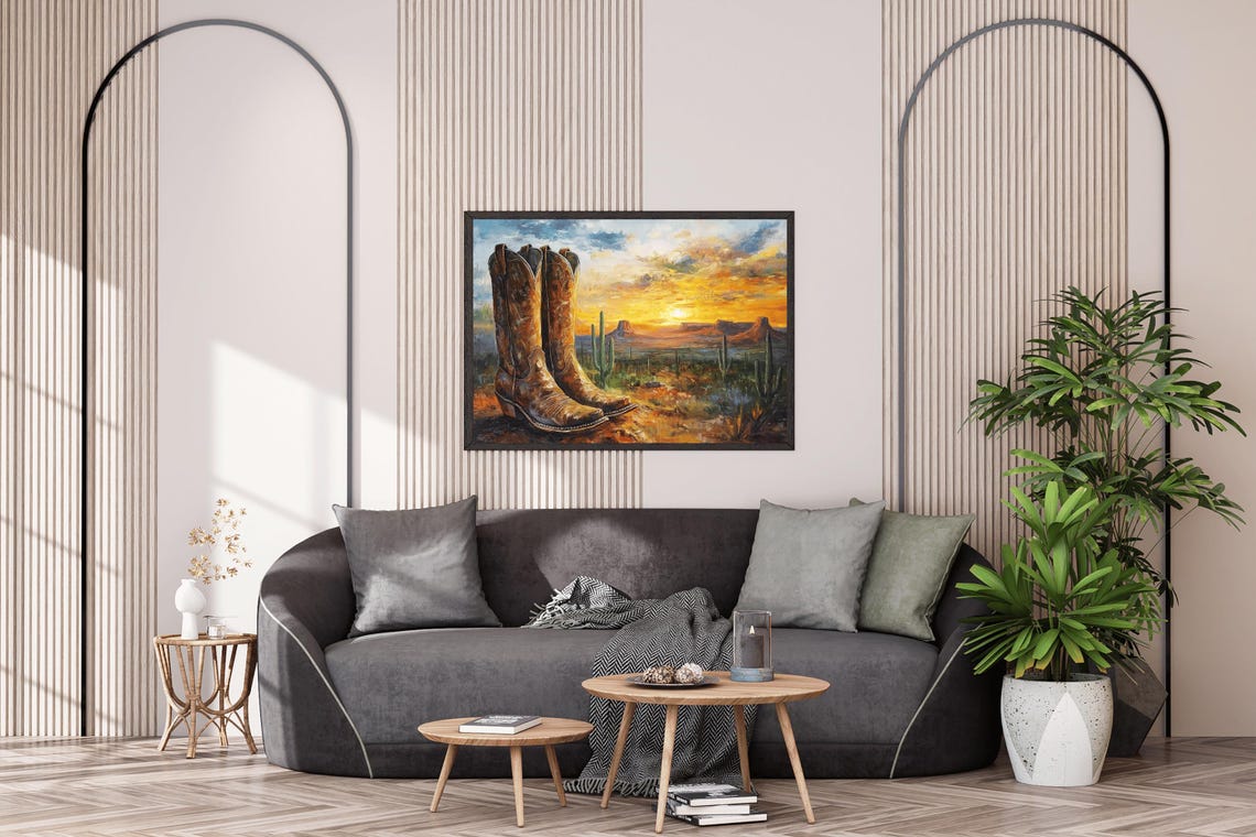 Cowboy Boots At Desert Sunset With Saguaro Cactus Western Art Poster - Image 3