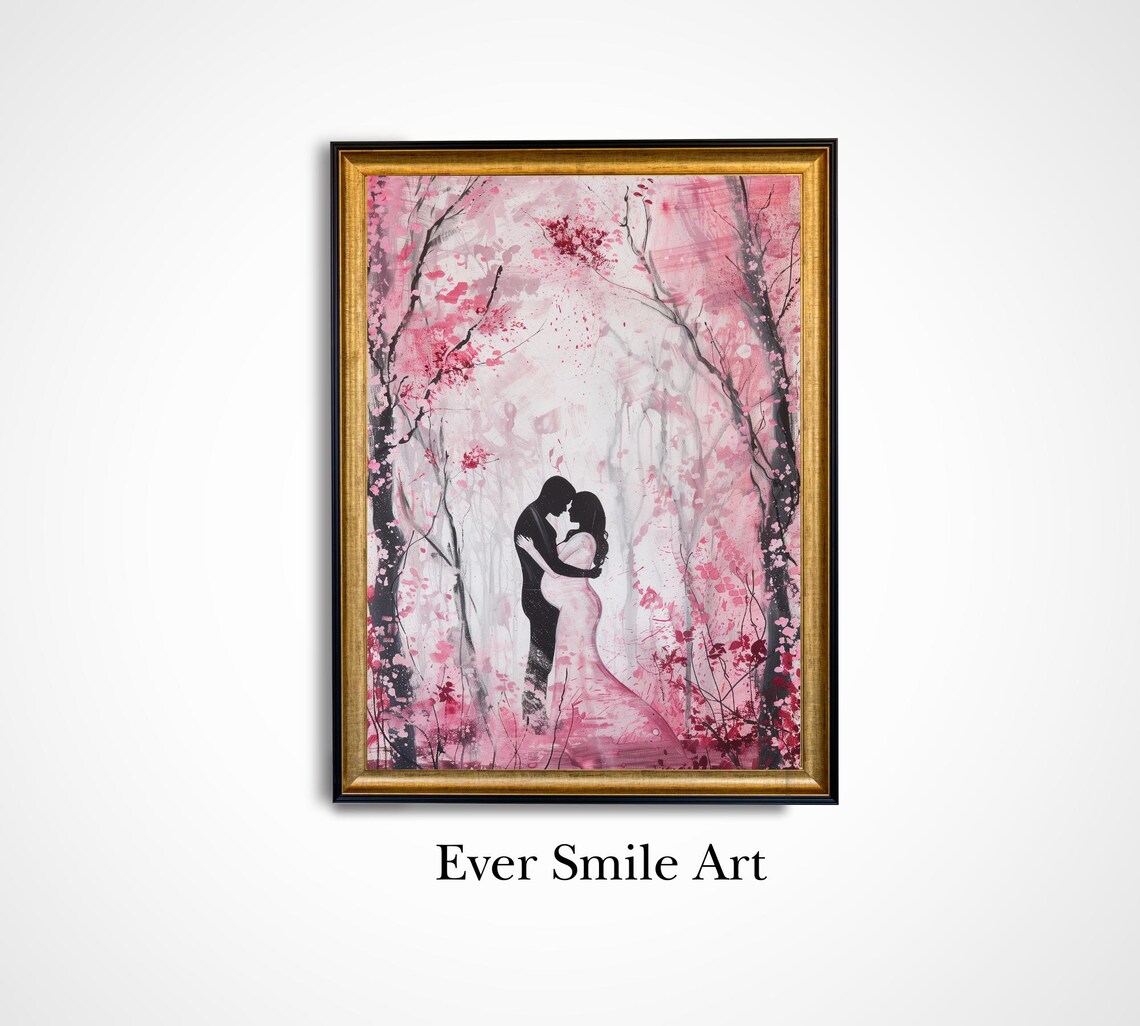 Romantic Couple Oil Painting Embracing With Pregnant Woman Vintage Art Wedding Anniversary Love Valentines Day Gift Art