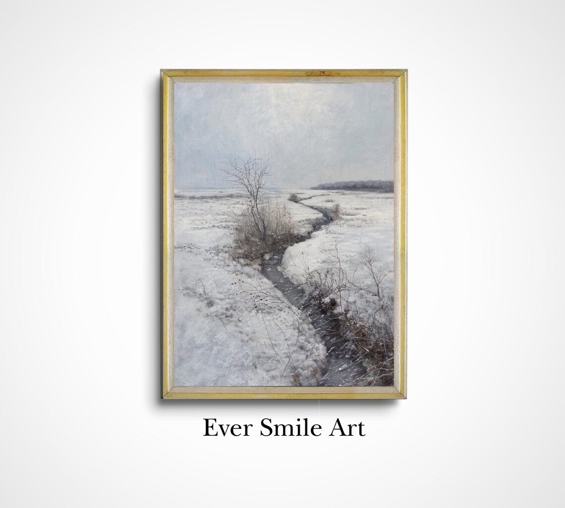 Snowy Field Winding Stream Minimalist Winter Vintage Oil Painting