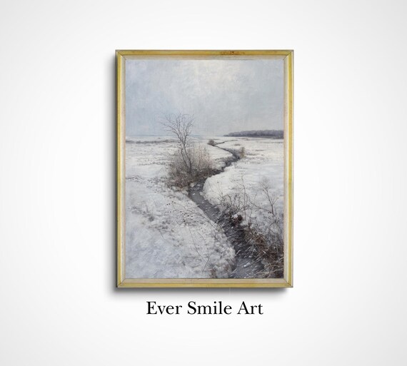 Snowy Field Winding Stream Minimalist Winter Vintage Oil Painting
