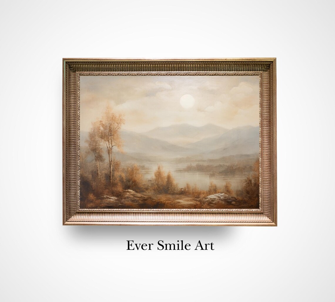 Misty Mountains Lake Golden Hour Vintage Oil Painting Landscape Print