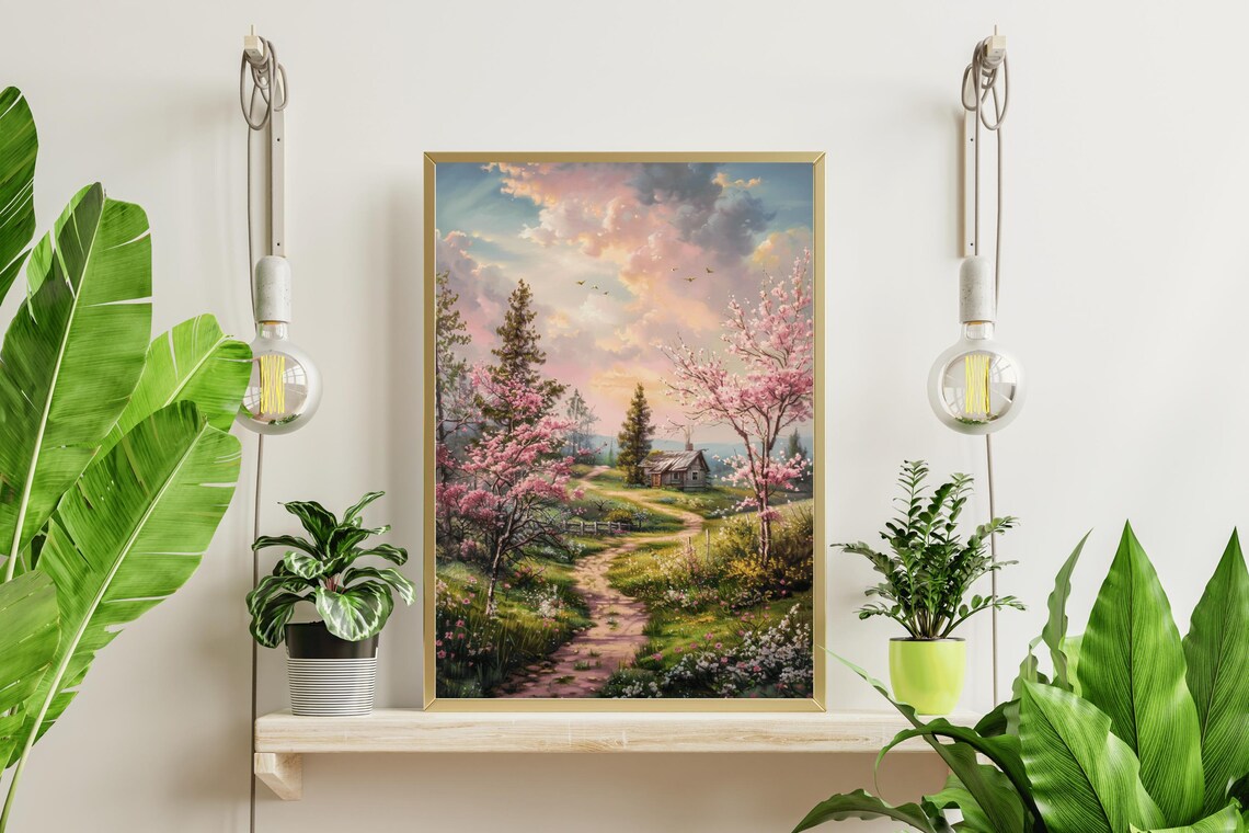 Blossom Path Rustic Cabin Pink Sunset Sky Spring Country Landscape Poster - Image 4